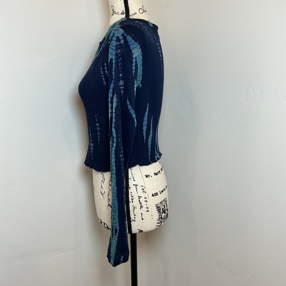 Vivid Artsy Navy Blue Teal Tie Dye Ribbed Long Sleeve Crop Top Large - Picture 2 of 4